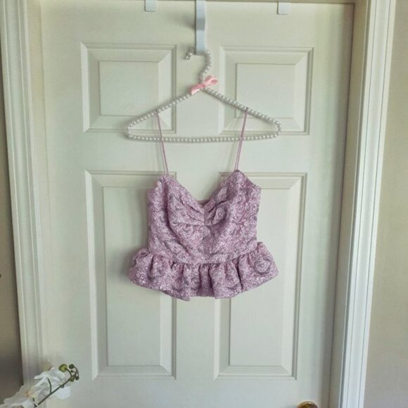 NWT Zara soft pink purple metallic peplum ruched top, XS - Picture 7 of 8